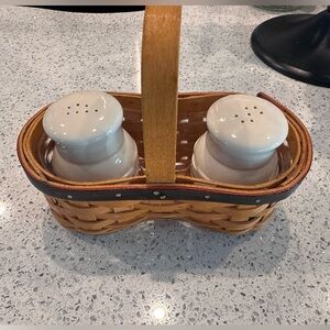 Longaberger Handwoven basket with Longaberger pottery salt and pepper shakers